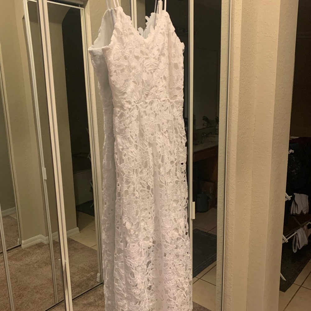 3/4 Length White Lace Overlay Dress from Express
